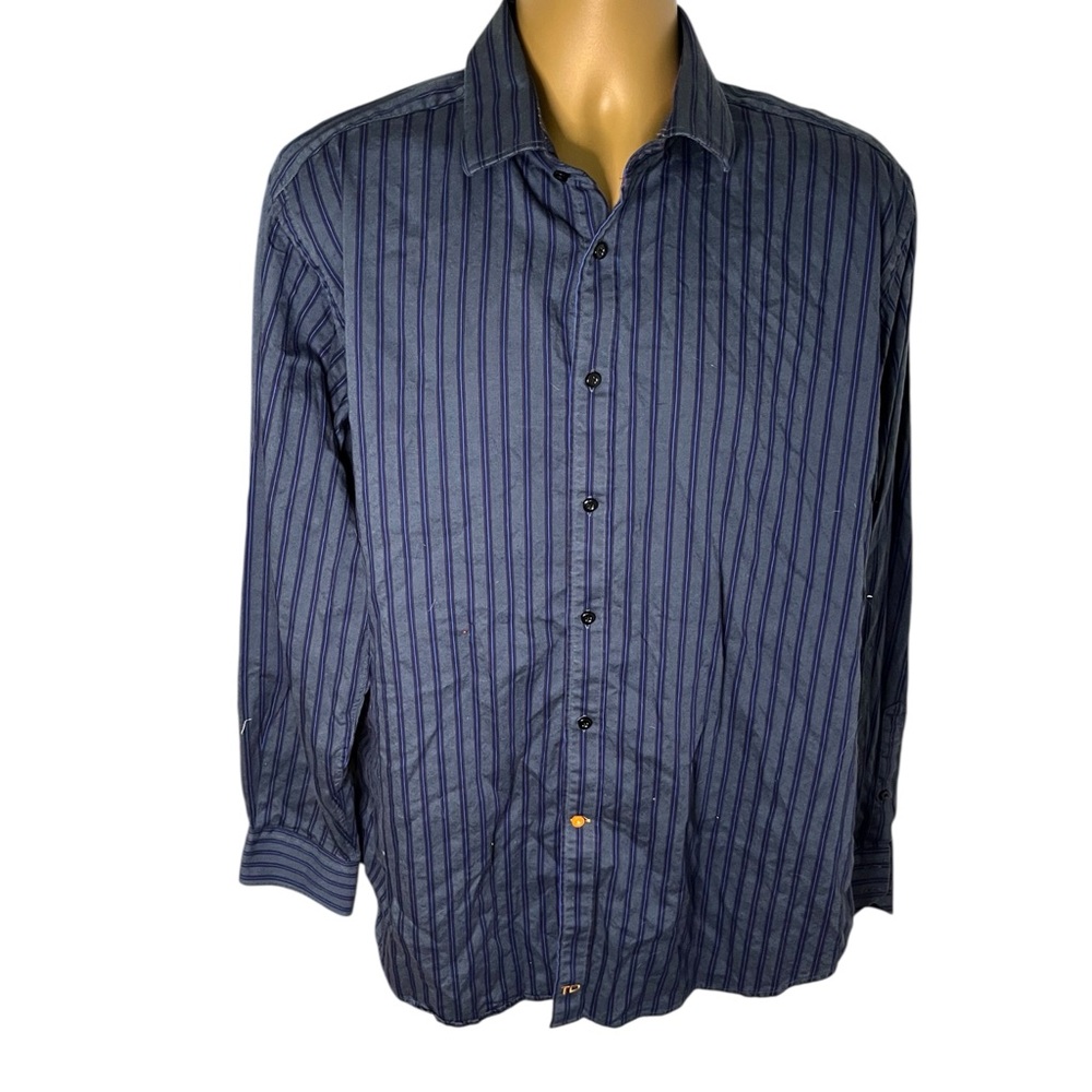 Thomas Dean Vertical Stripe Button-Down Shirt Long Sleeve Navy XL